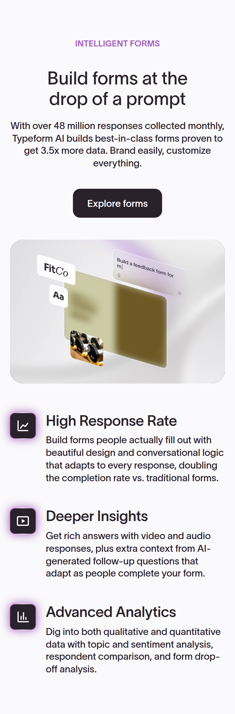 Build Forms at the Drop of a Prompt section from Typeform, on a phone