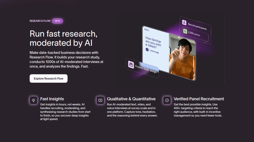 Run Fast Research, Moderated by AI section from Typeform