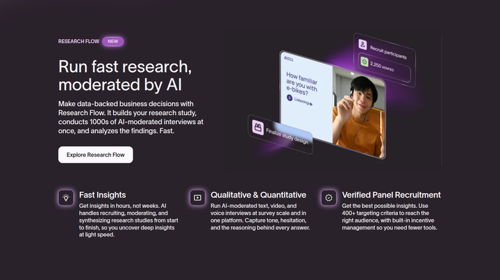 Run Fast Research, Moderated by AI section from Typeform