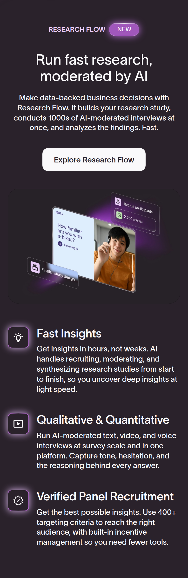 Run Fast Research, Moderated by AI section from Typeform, on a phone