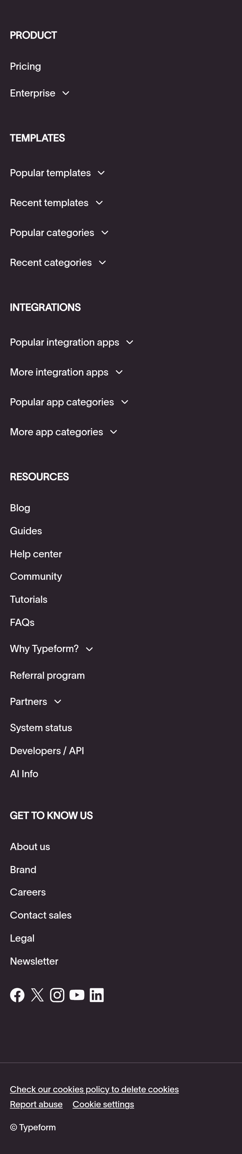 Footer section from Typeform, on a phone