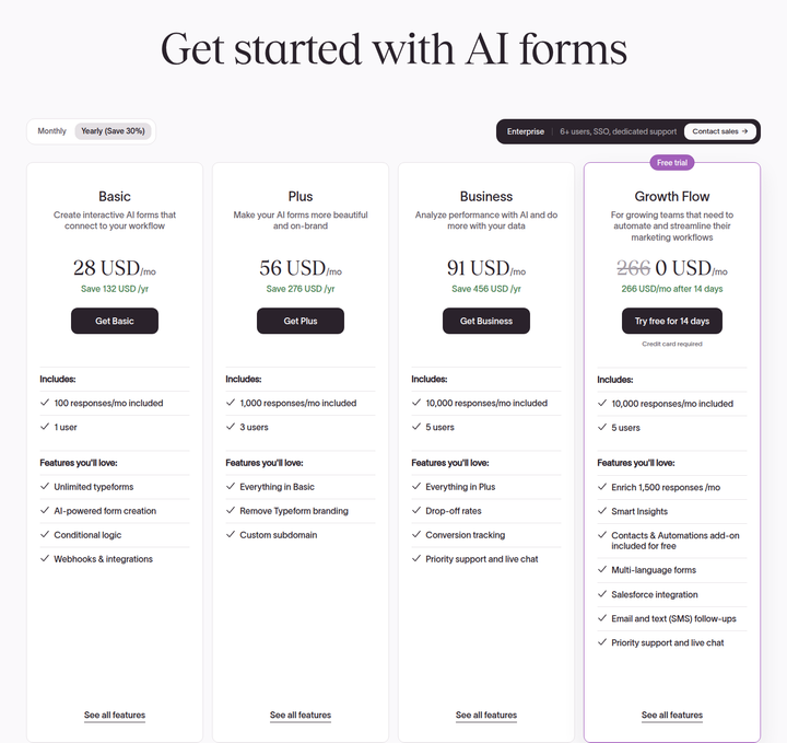 Get Started With AI Forms section from Typeform