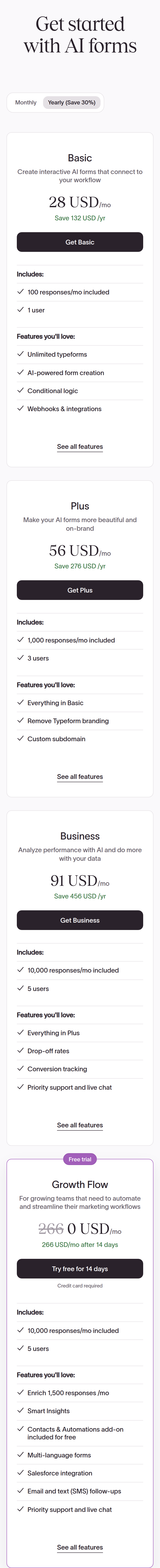 Get Started With AI Forms section from Typeform, on a phone