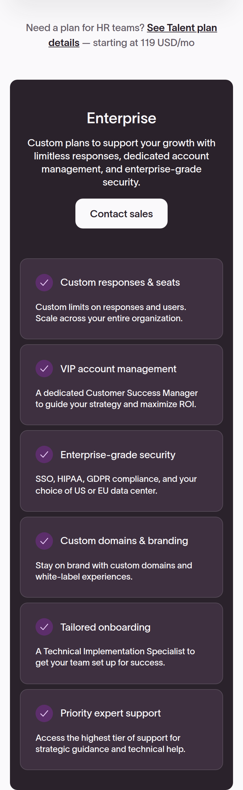 Enterprise section from Typeform, on a phone