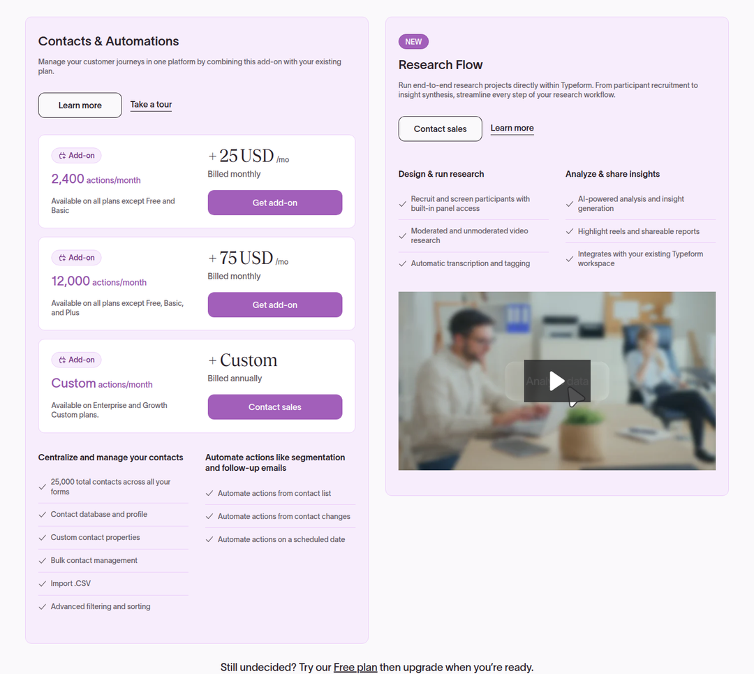 Contacts & Automations and Research Flow section from Typeform
