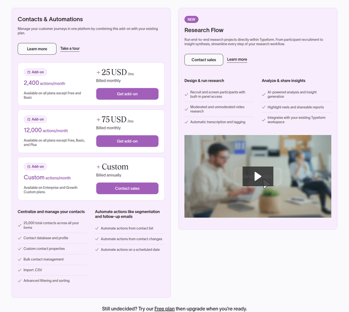 Contacts & Automations and Research Flow section from Typeform