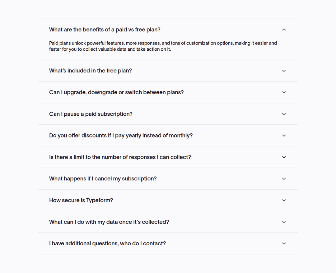 Frequently Asked Questions section from Typeform