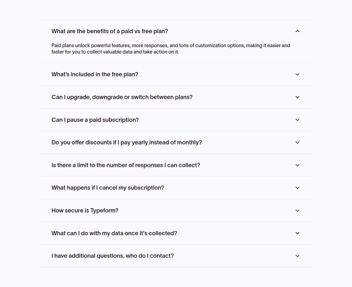 Frequently Asked Questions section from Typeform