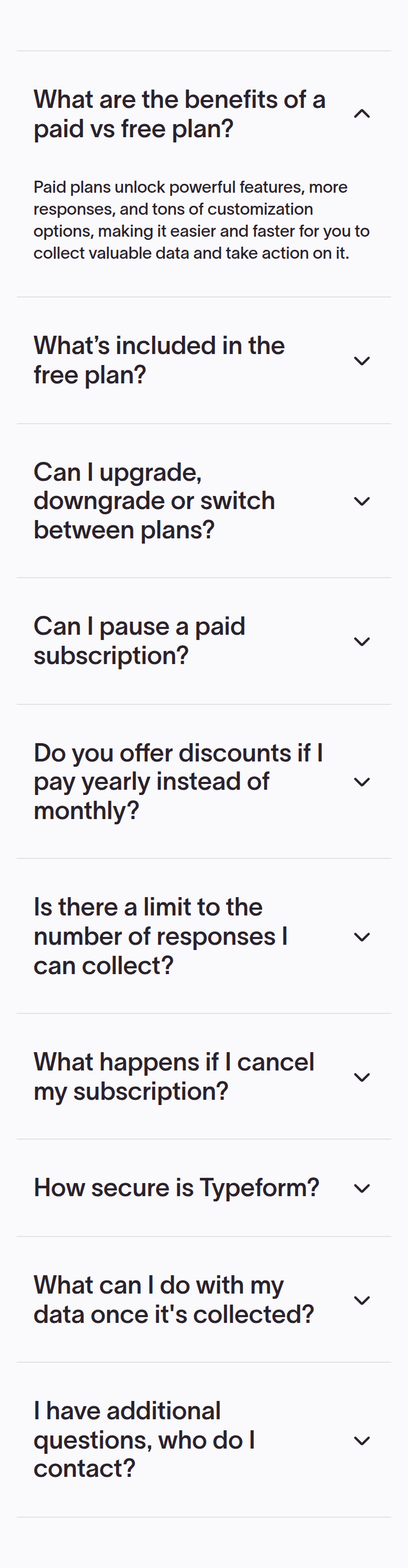 Frequently Asked Questions section from Typeform, on a phone