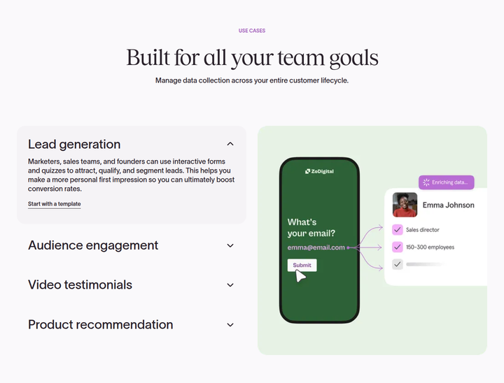 Built for All Your Team Goals section from Typeform