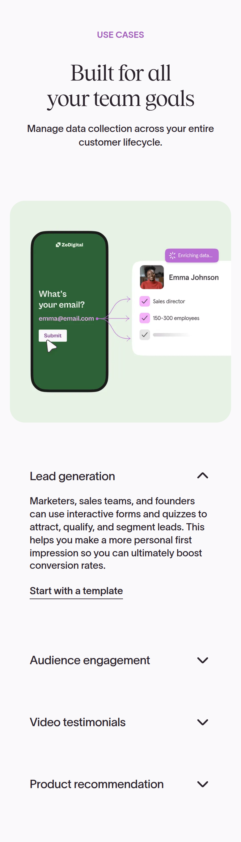 Built for All Your Team Goals section from Typeform, on a phone