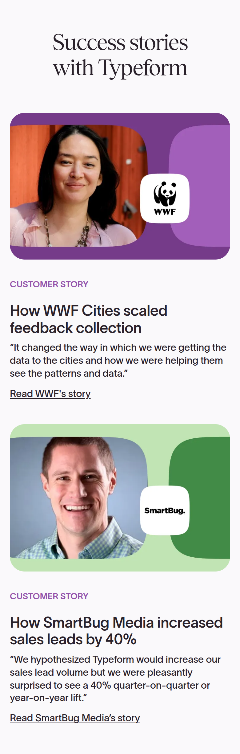 Success Stories With Typeform section from Typeform, on a phone