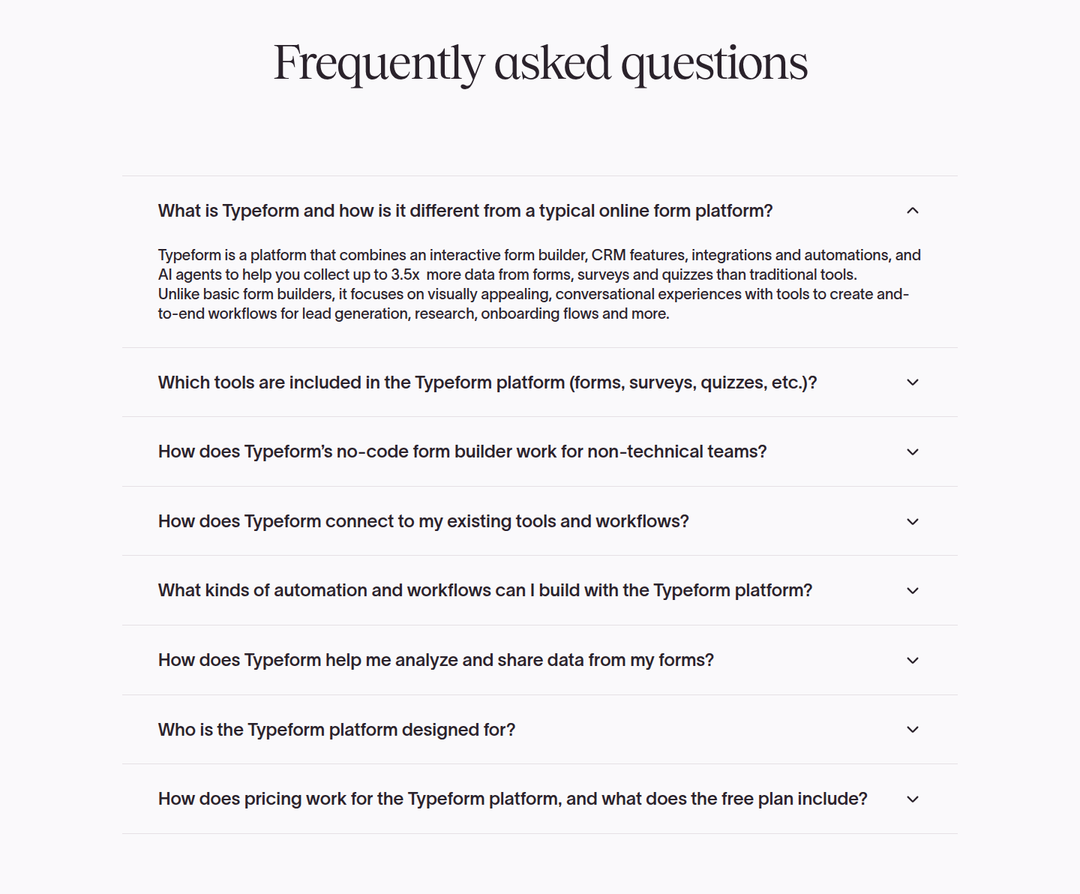 Frequently Asked Questions section from Typeform