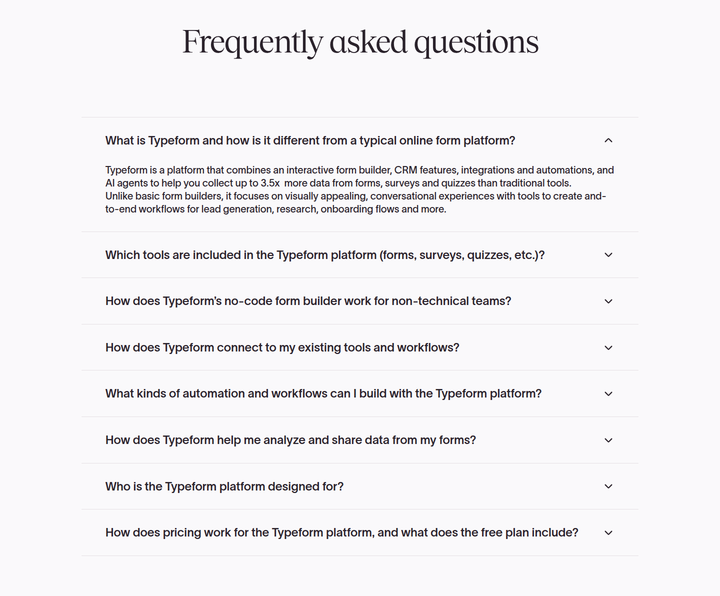 Frequently Asked Questions section from Typeform