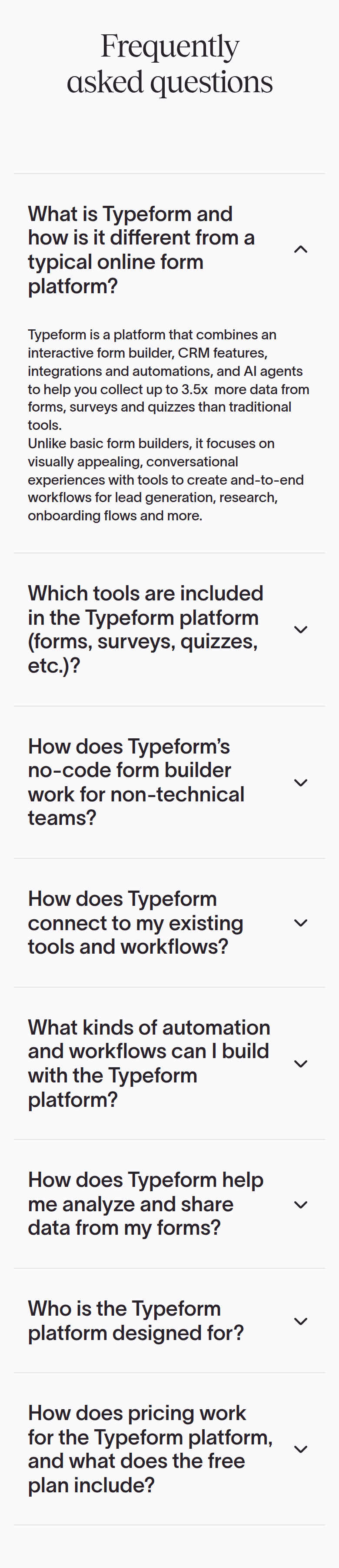 Frequently Asked Questions section from Typeform, on a phone