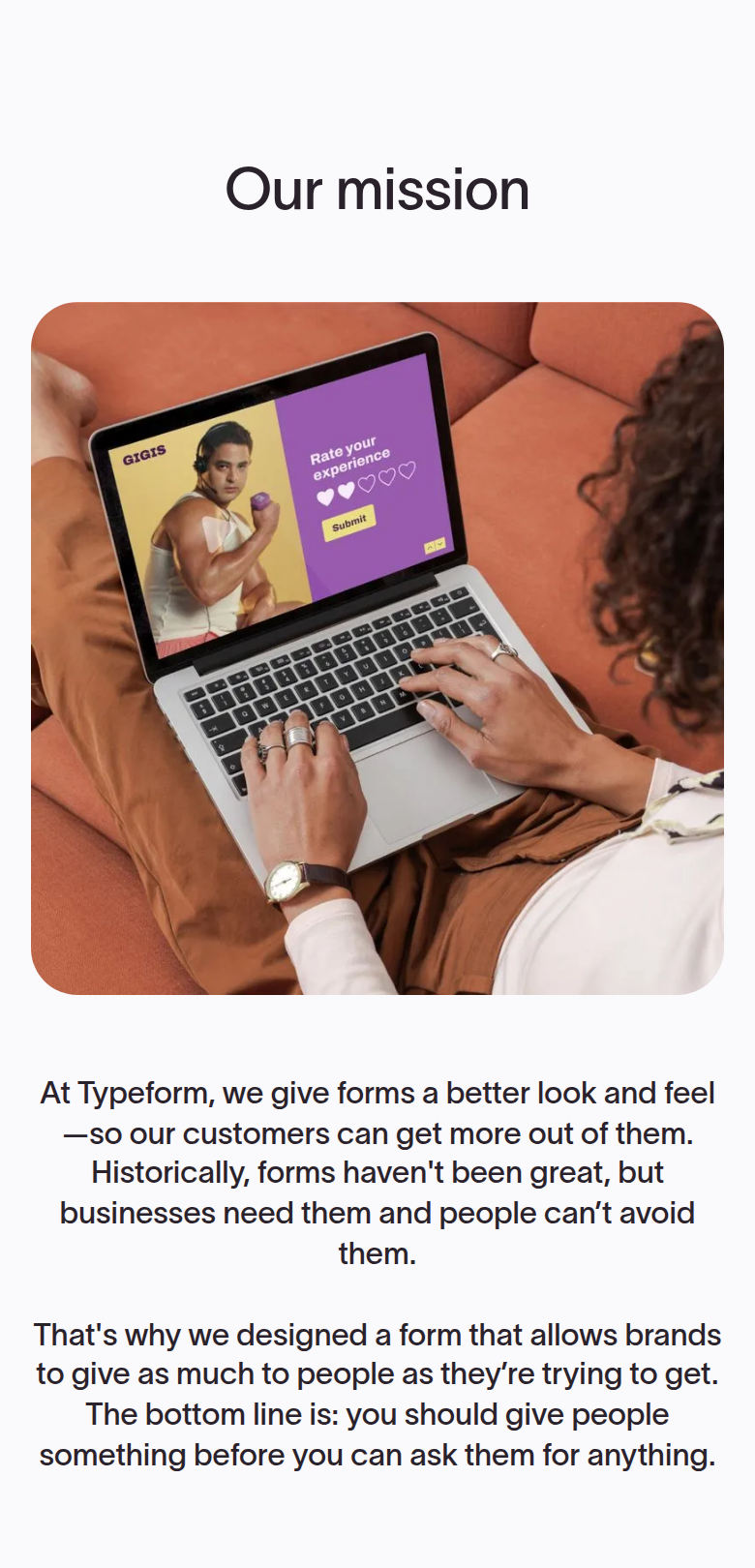 Our Mission section from Typeform, on a phone