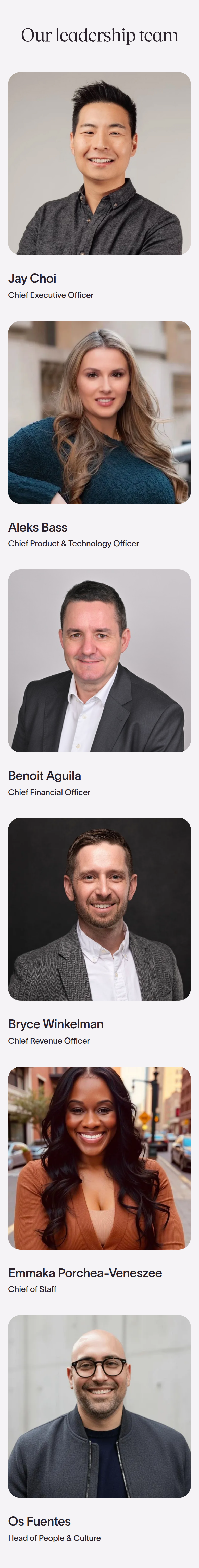Our Leadership Team section from Typeform, on a phone