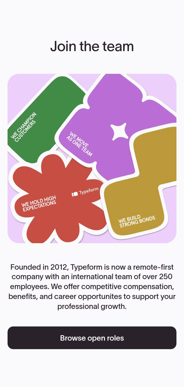 Join the Team section from Typeform, on a phone
