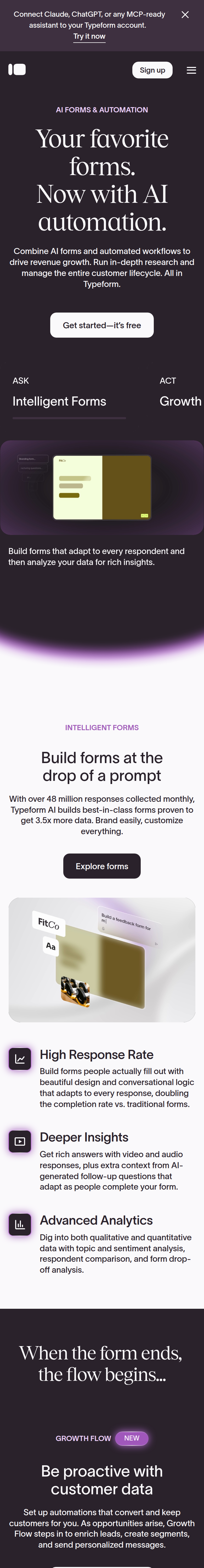 Home page of the Typeform website, on a phone