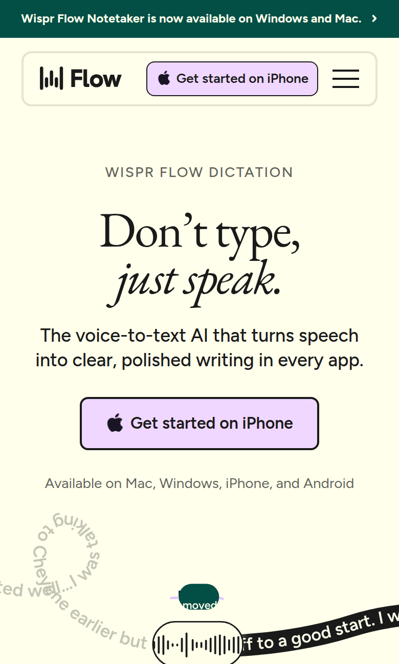 Don't Type, Just Speak section from Wispr Flow, on a phone