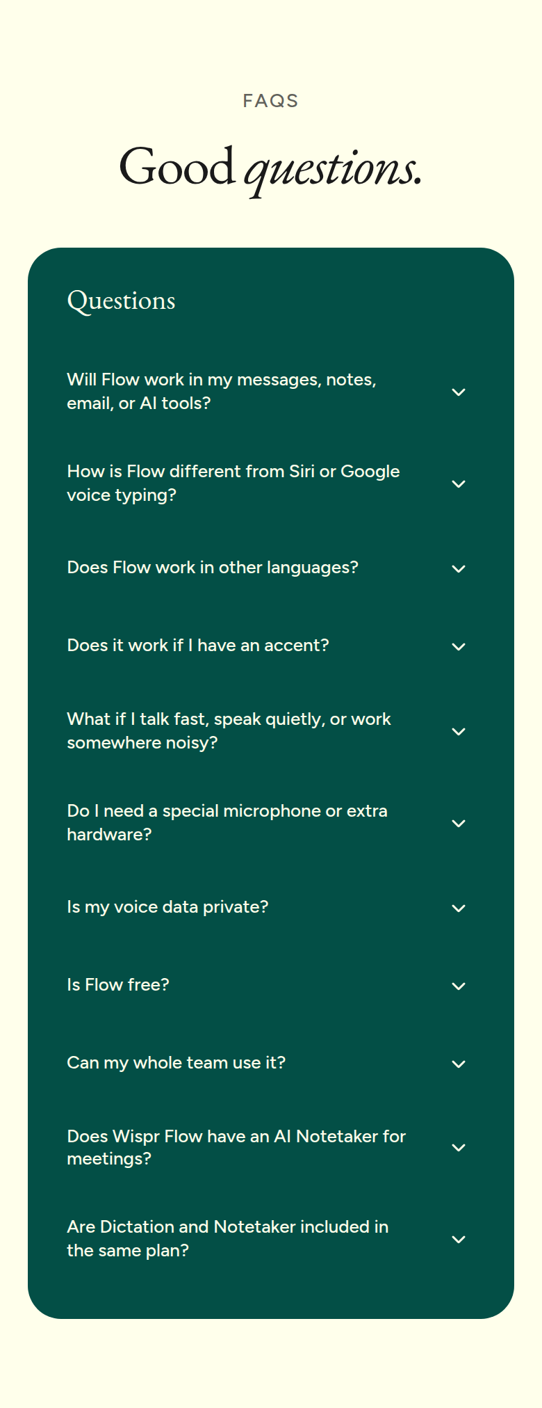 Good Questions section from Wispr Flow, on a phone