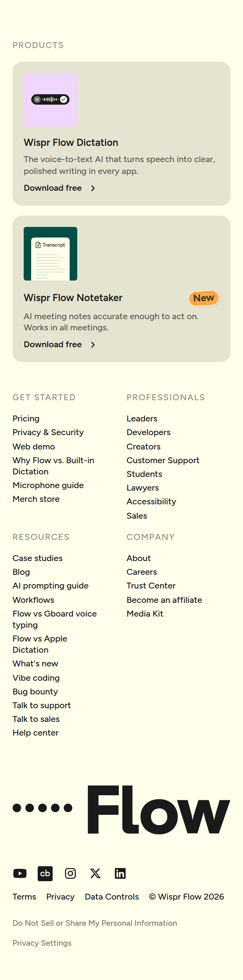 Footer section from Wispr Flow, on a phone