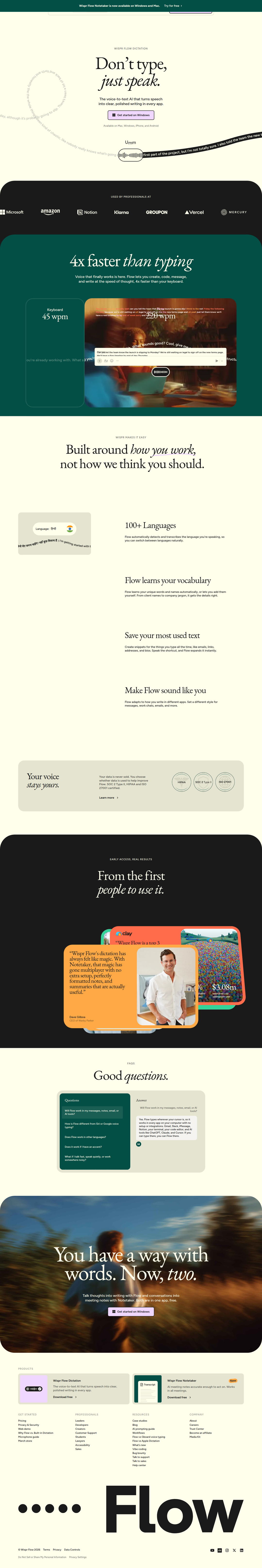 Home page of Wispr Flow