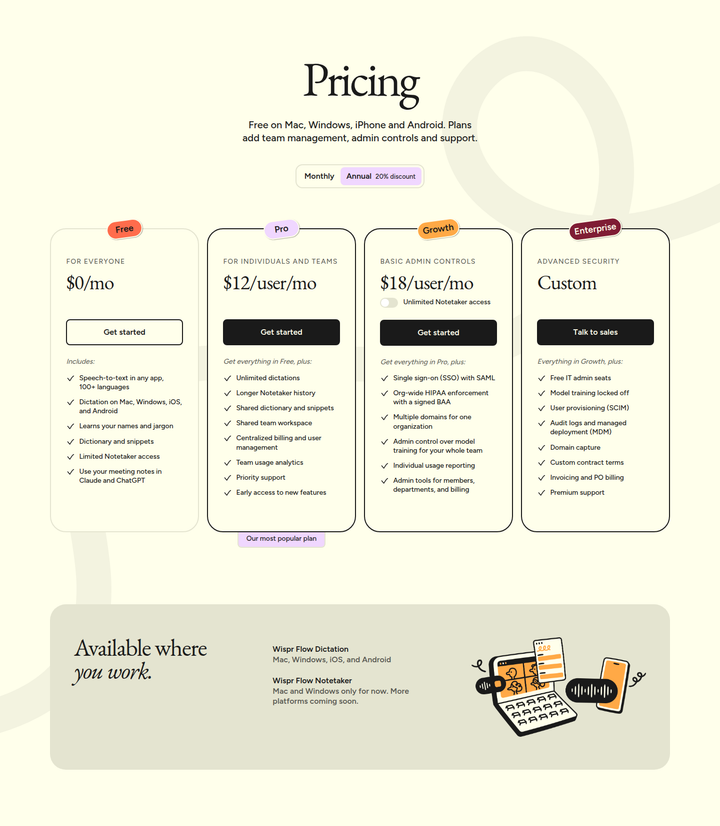 Pricing section from Wispr Flow