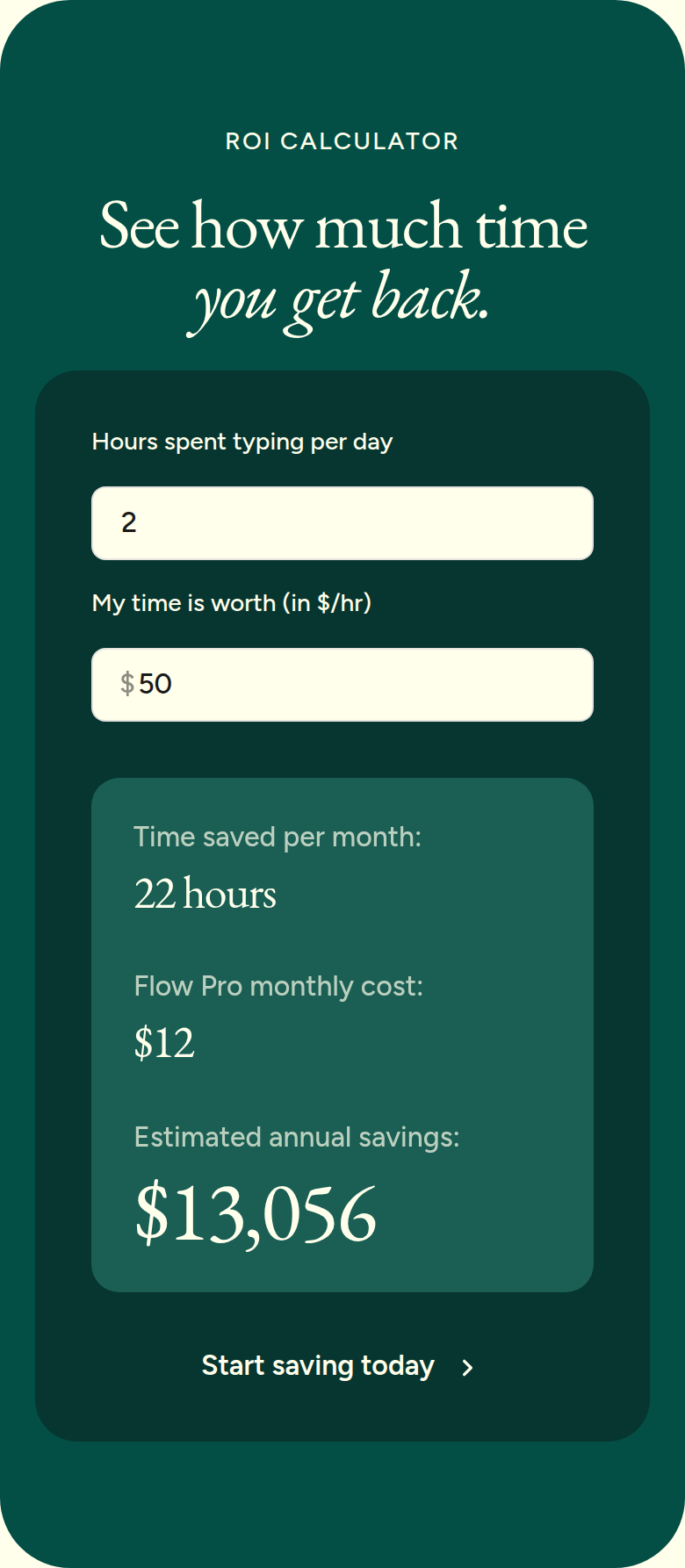 See How Much Time You Get Back section from Wispr Flow, on a phone