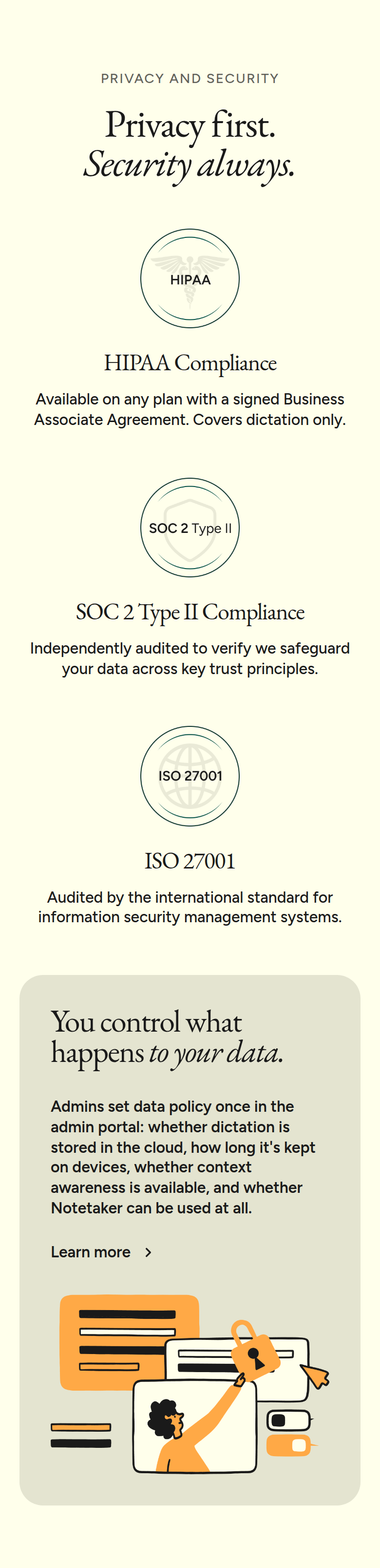 Privacy First. Security Always. section from Wispr Flow, on a phone