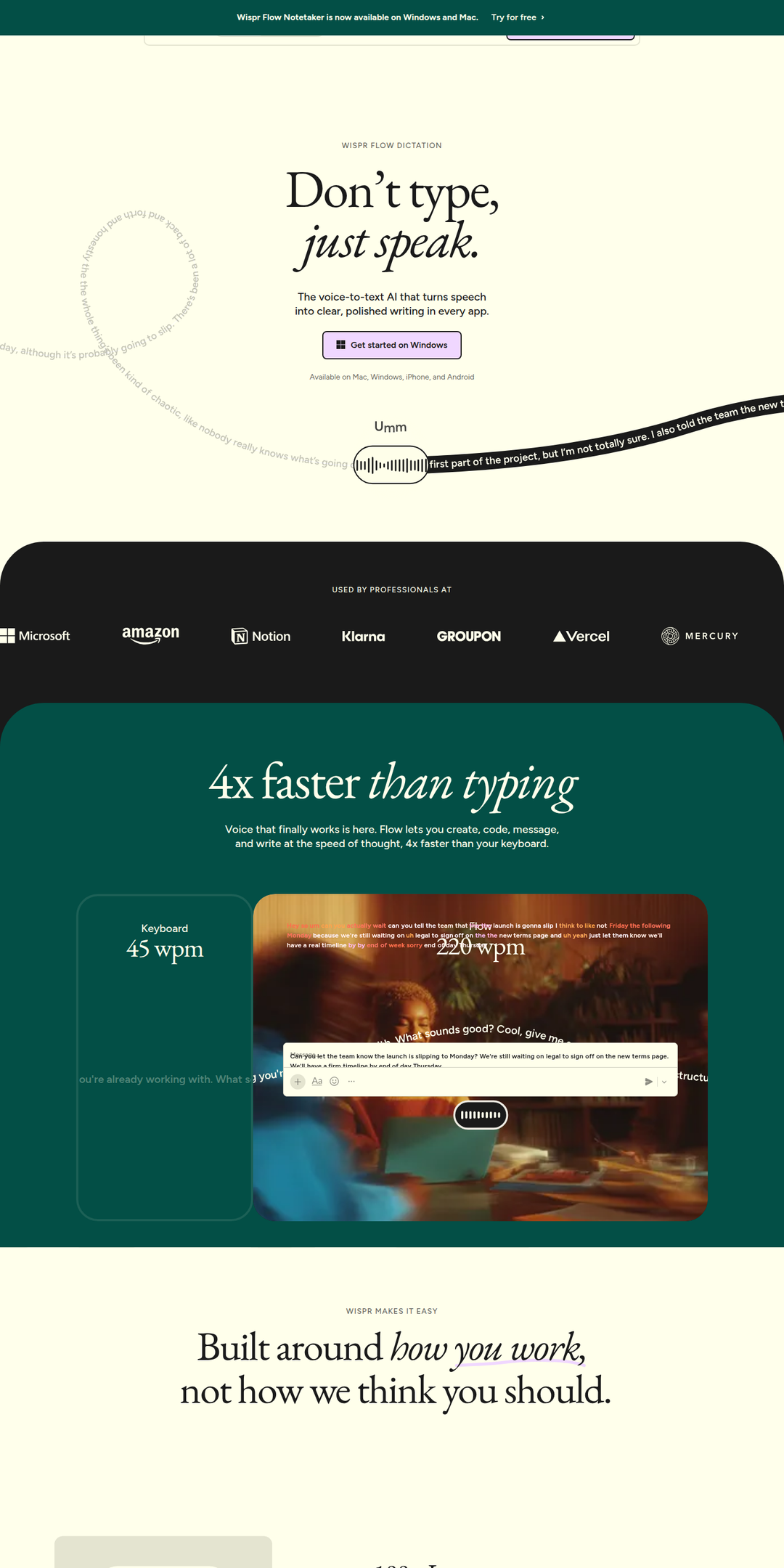 Home page of the Wispr Flow website