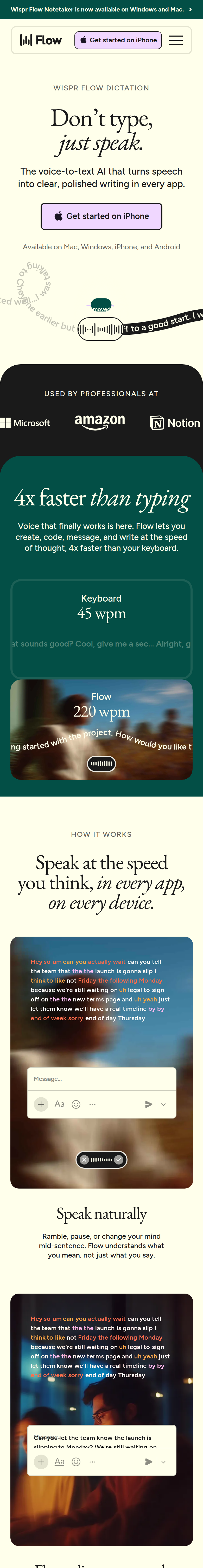 Home page of the Wispr Flow website, on a phone