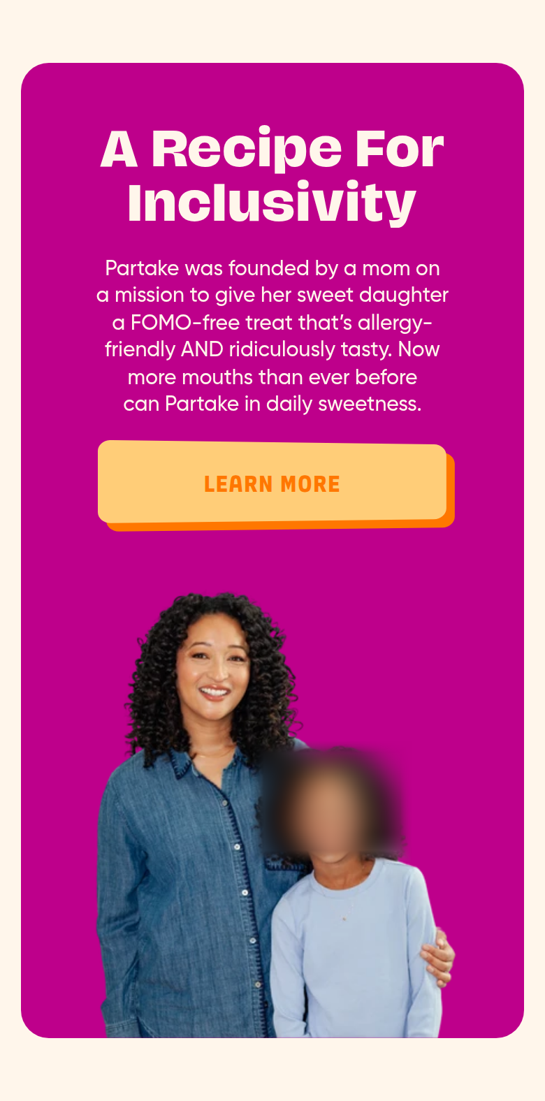 A Recipe for Inclusivity section from Partake Foods, on a phone