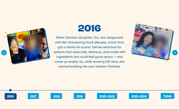 Timeline section from Partake Foods