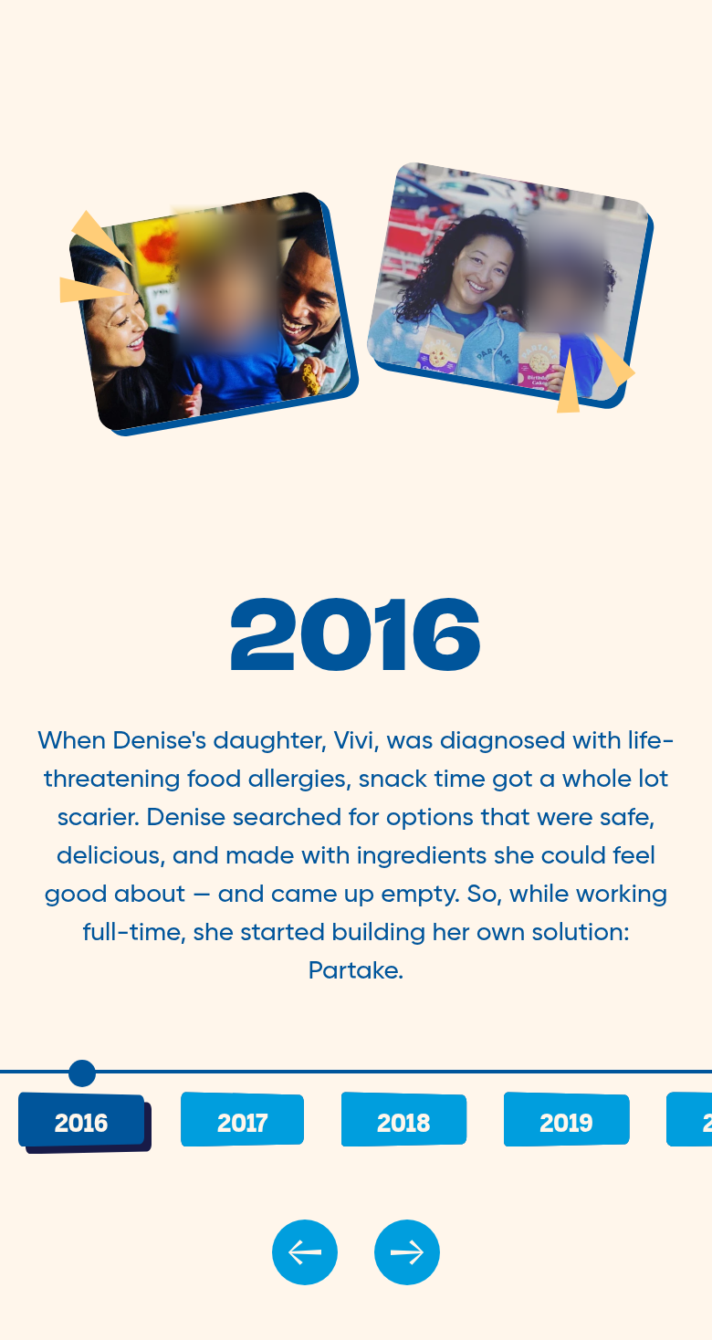 Timeline section from Partake Foods, on a phone