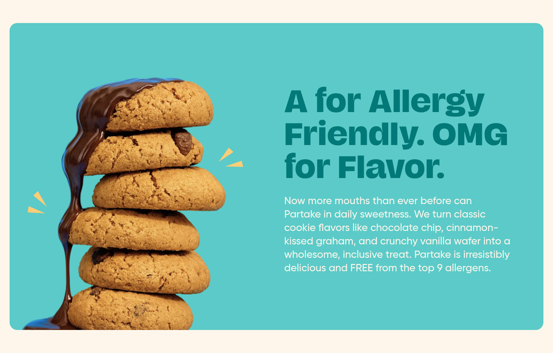A for Allergy Friendly. OMG for Flavor. section from Partake Foods