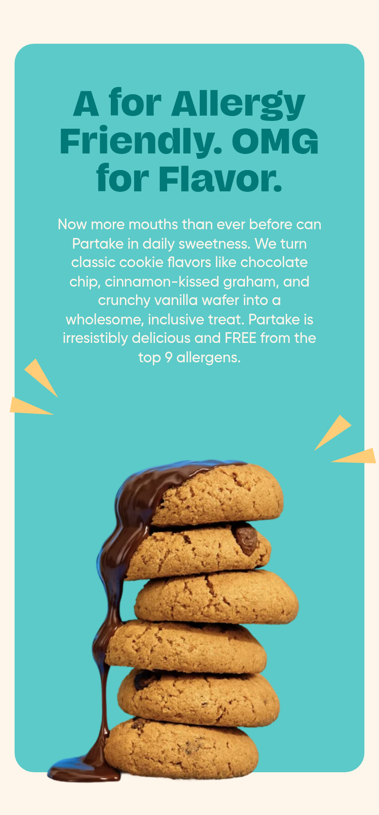 A for Allergy Friendly. OMG for Flavor. section from Partake Foods, on a phone