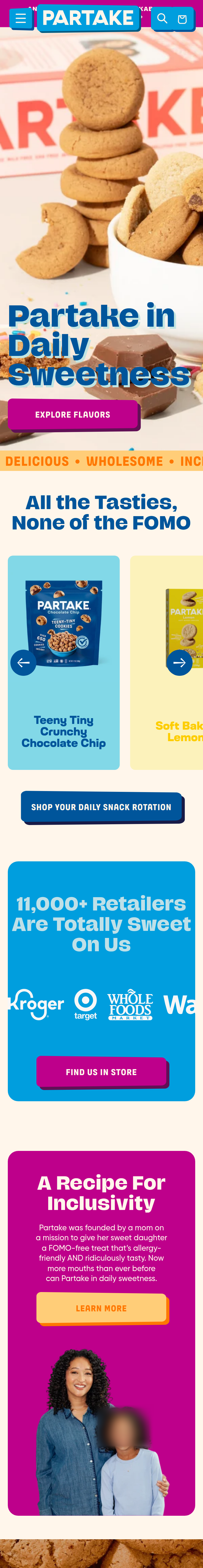 Home page of the Partake Foods website, on a phone