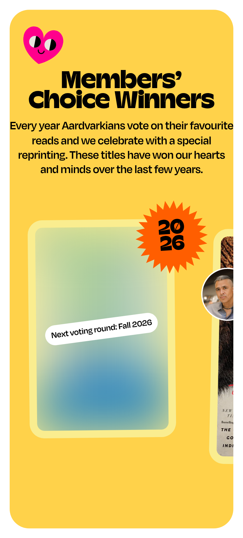 Members' Choice Winners section from Aardvark Book Club, on a phone