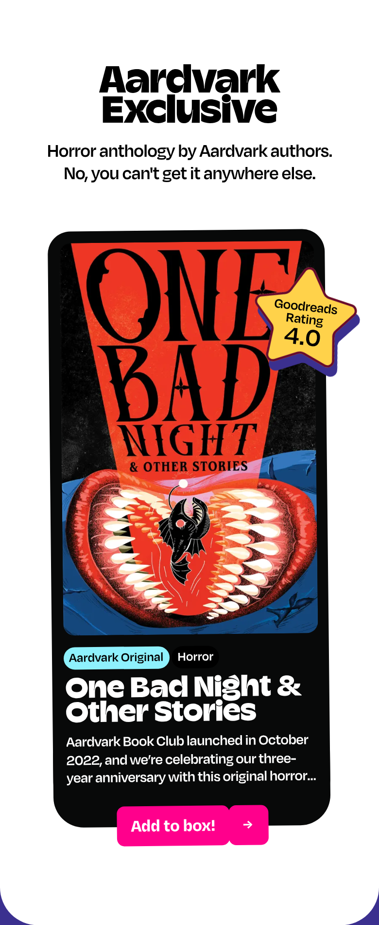 Aardvark Exclusive section from Aardvark Book Club, on a phone
