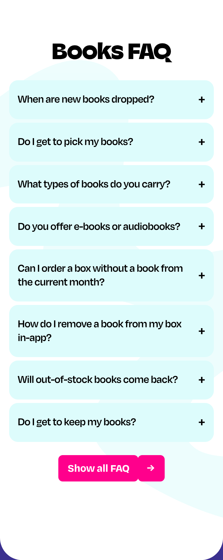 Books FAQ section from Aardvark Book Club, on a phone