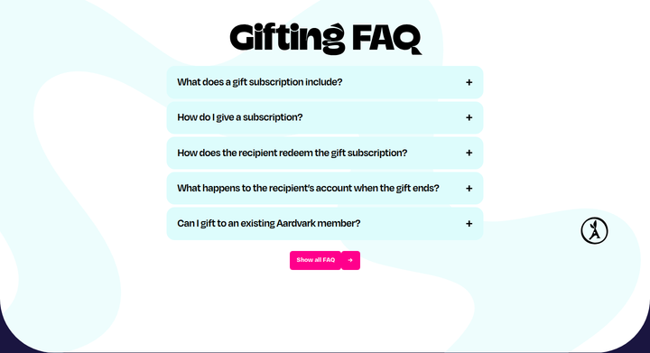 Gifting FAQ section from Aardvark Book Club