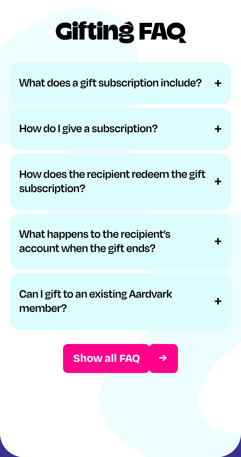 Gifting FAQ section from Aardvark Book Club, on a phone