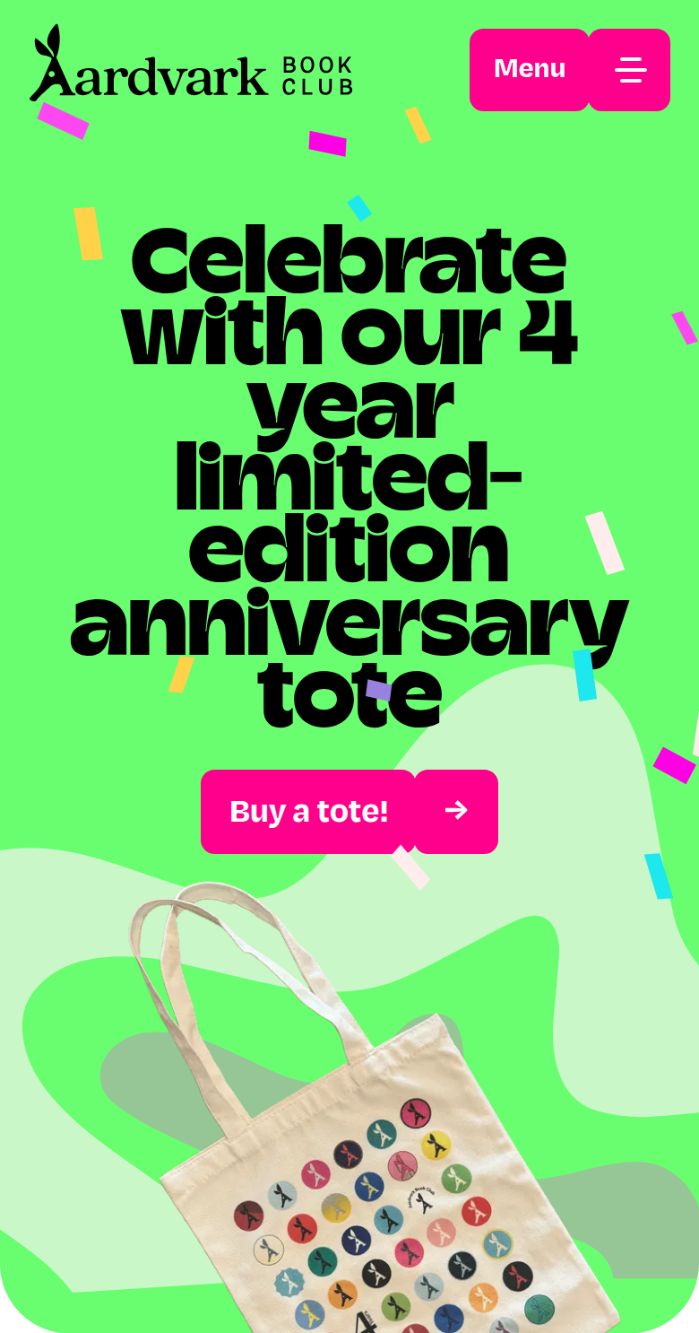 Limited Edition Anniversary Tote section from Aardvark Book Club, on a phone