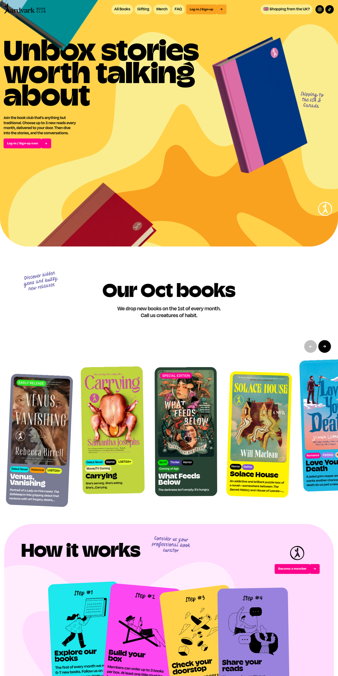 Home page of the Aardvark Book Club website