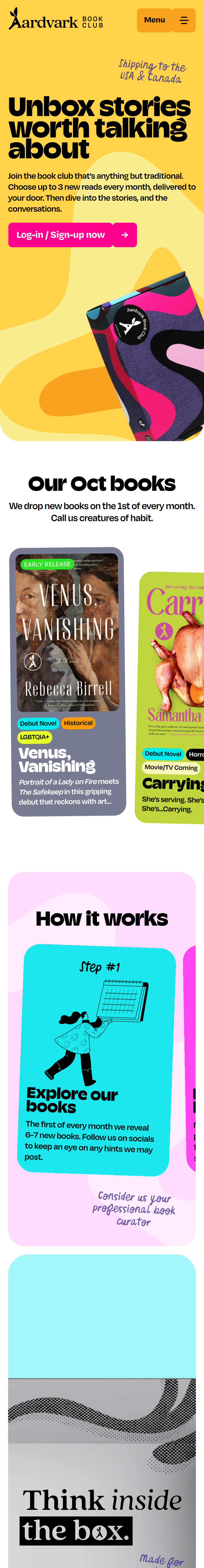 Home page of the Aardvark Book Club website, on a phone