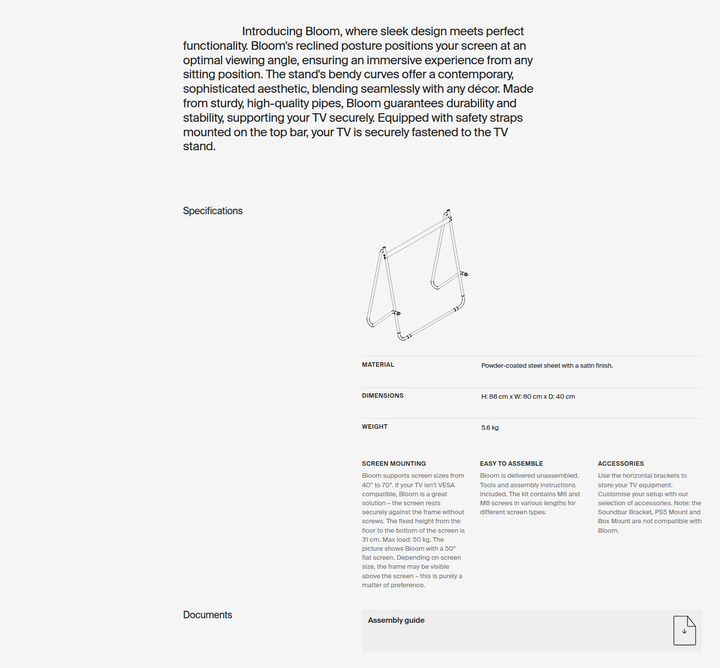 Specifications section from Pedestal