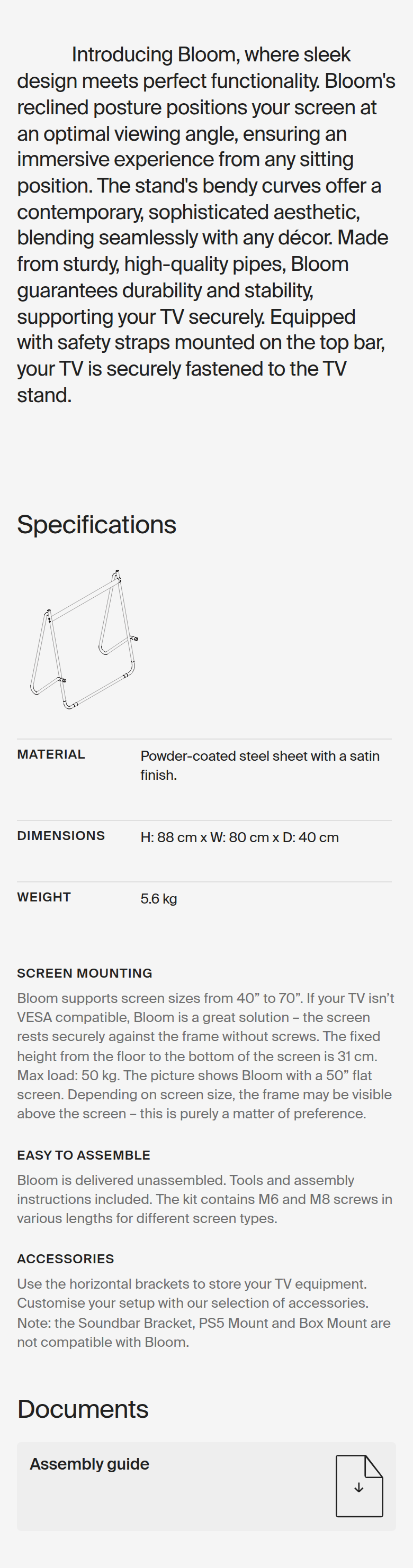 Specifications section from Pedestal, on a phone