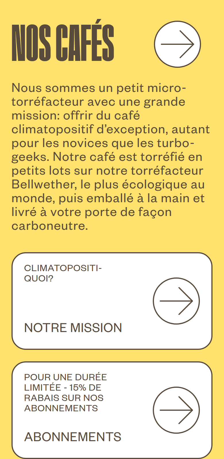 Nos Cafés section from Café Binocle, on a phone