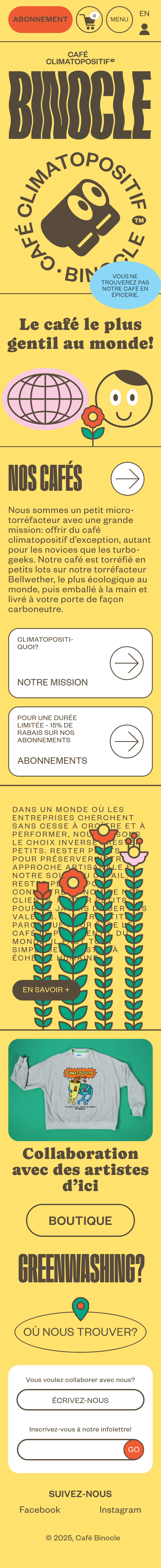 Home page of Café Binocle, on a phone